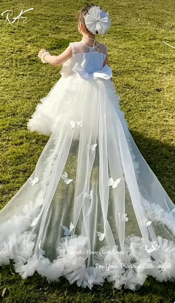 White Flower Girl Dress With Bow Strap Mini Bridal Wedding Dress Kids Ball Gown 1st Communion Frock Vestidos Customized