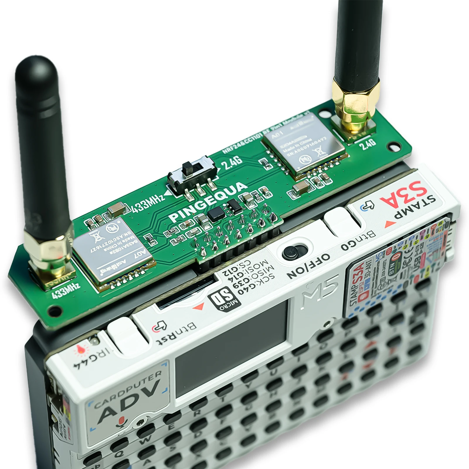 PINGEQUA Dual-Band RF Module for M5Stack Cardputer ADV – NRF24 + CC1101, Stable Power & Auto Switch Design, Bruce Compatible