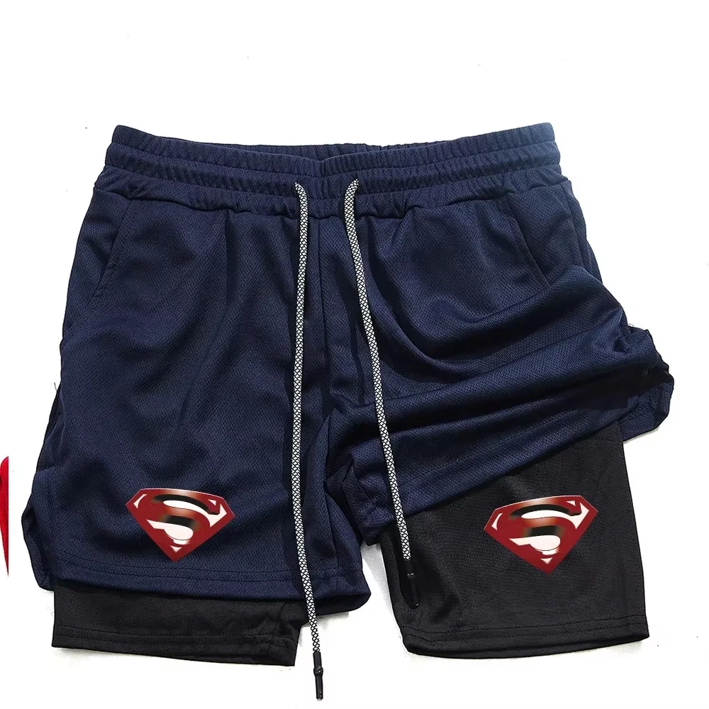 Superhero Print 2 in 1 Running Workout Sport Mesh Shorts Men Gym Performance with Phone Pocket Towel Loop Fitness Apparel