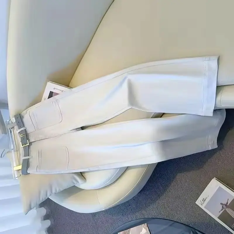 الخريف رمادي فاتح واسعة الساق الجينز المرأة عالية الخصر السراويل المستقيمة الإناث فضفاضة عادية أنيقة كل مباراة السيدات كاوبوي بنطلون