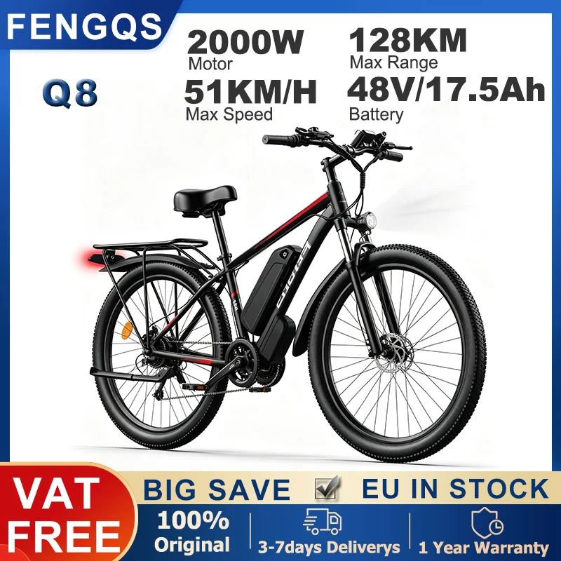 FENGQS Elektrofahrrad 48V 17,5Ah Batterie Spitzenmotor 2000W 51KM/H Höchstgeschwindigkeit 80 Meilen Maximale Reichweite E-Bike Q8 Elektro-Mountainbike