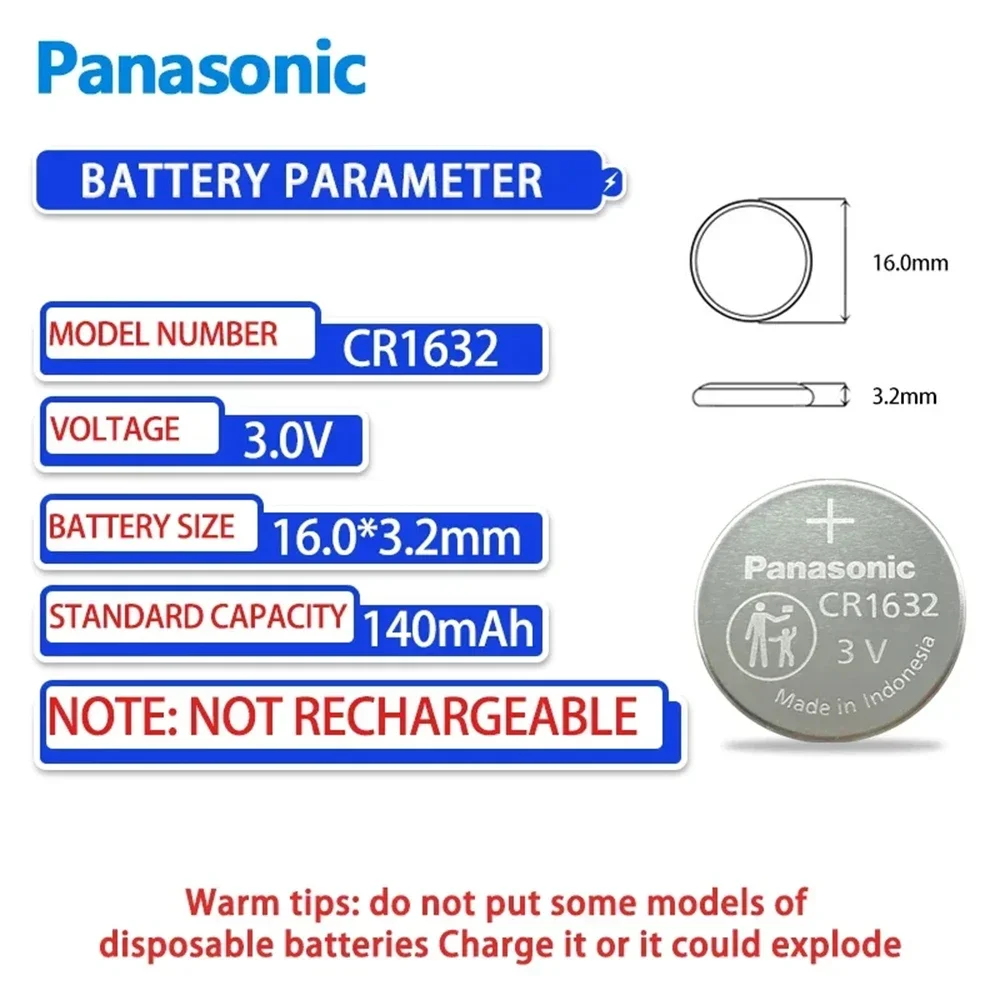 Panasonic-Pile bouton au lithium CR1632, clé de voiture, télécommande, montre CR 100, 3V, DL1632, BR1632, ECR1632, L1632, 10 à 1632 pièces