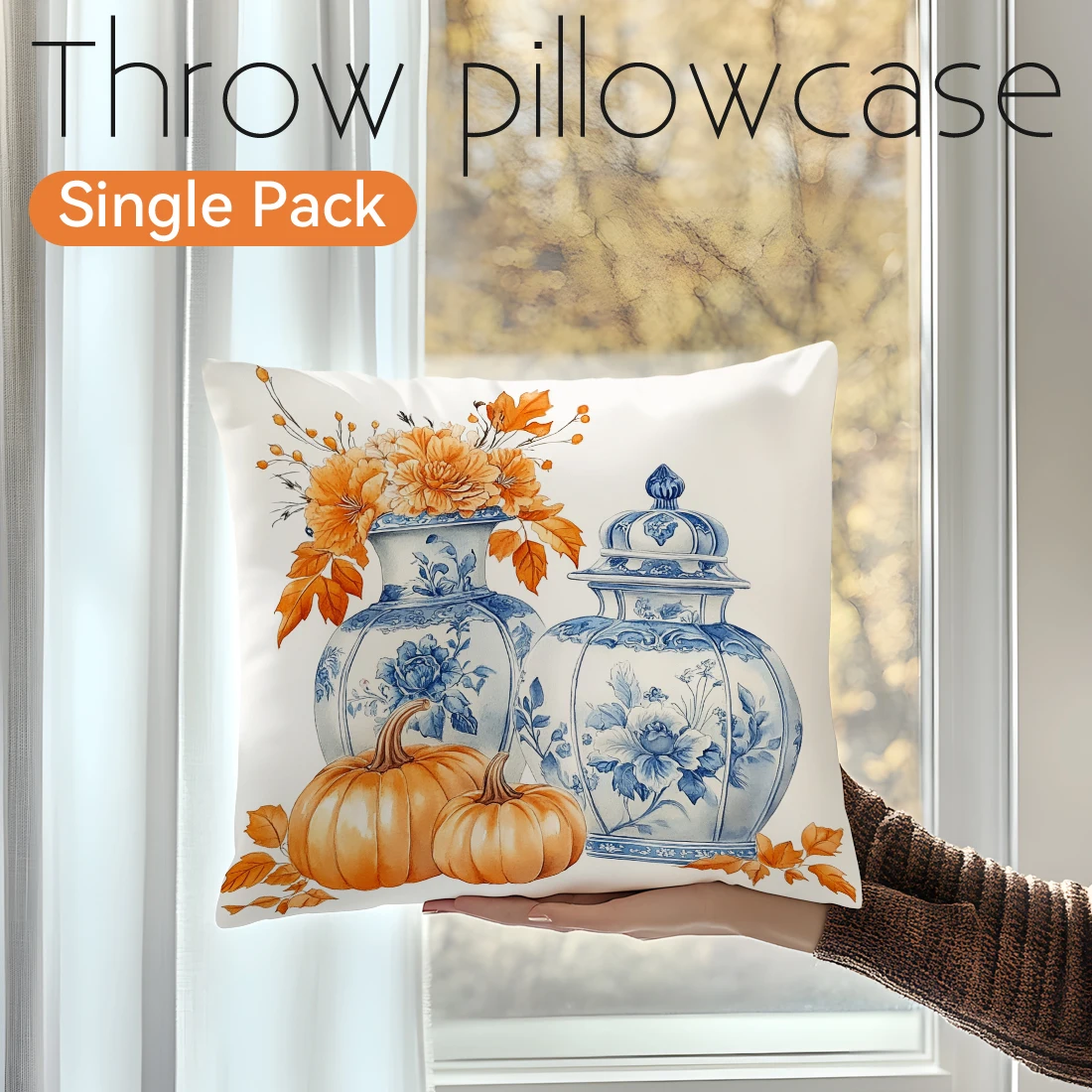 

1 шт., сине-белая фарфоровая осенняя наволочка с тыквой, квадратная наволочка для спальни, чехлы на молнии, мягкий домашний декор 45x45 см
