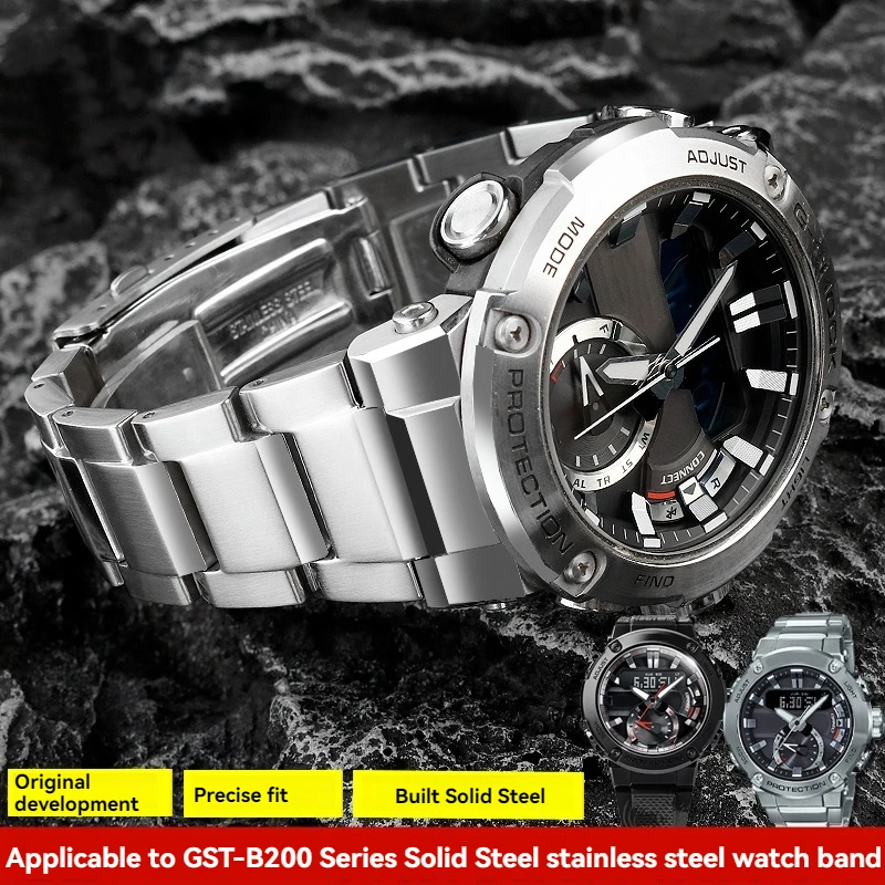 

316L Stainless Steel Watch Band for Casio G-SHOCK GST-B200/B200D – 24x16mm Lug Width, Men's Silver Black Metal Strap Replacement