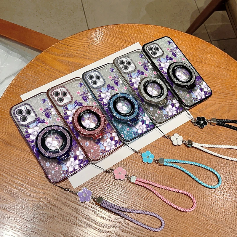 Hot40 Purple flowers Plating Bracelet Holder Phone Case For Infinix Hot 50Pro 30i 50 40Pro 30 40 PLAY 11S 12 30 11 20 Cover