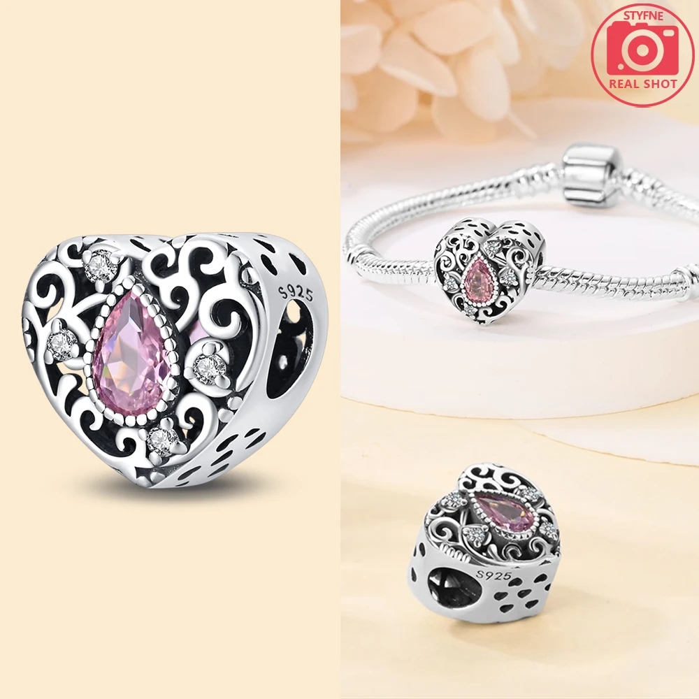 Herz-Zirkon-Charms, original klassisch, versilbert, Lotus-Engel-Perlen, passend für 925-Armbänder, Damen-DIY-Schmuck, feine Geschenke, Schmuck