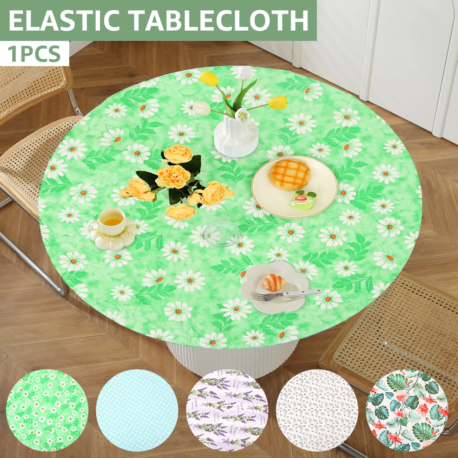 Elastische runde Tischdecke mit Flanell-Rückseite aus Vinyl, wasserdicht, abwischbar, für Esstische und Camping.