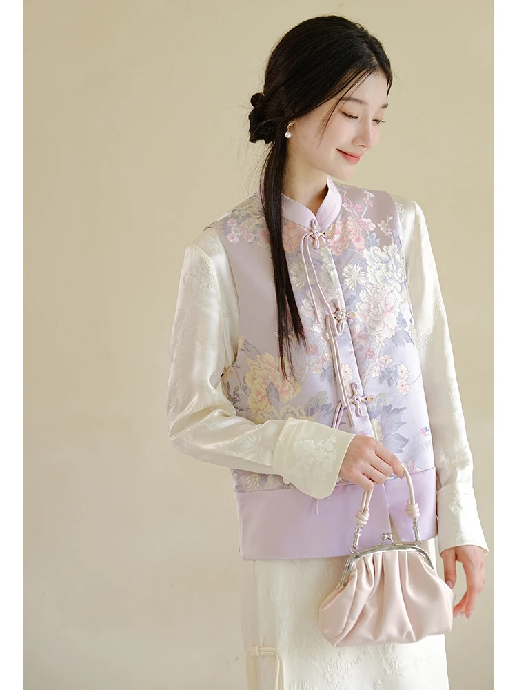 

Элитный шелковый жилет с воротником-стойкой и пуговицами из уксусного шелка в стиле пэчворк, новая китайская ретро-коллекция, национальный стиль, весна 2025, Mountain Has C...