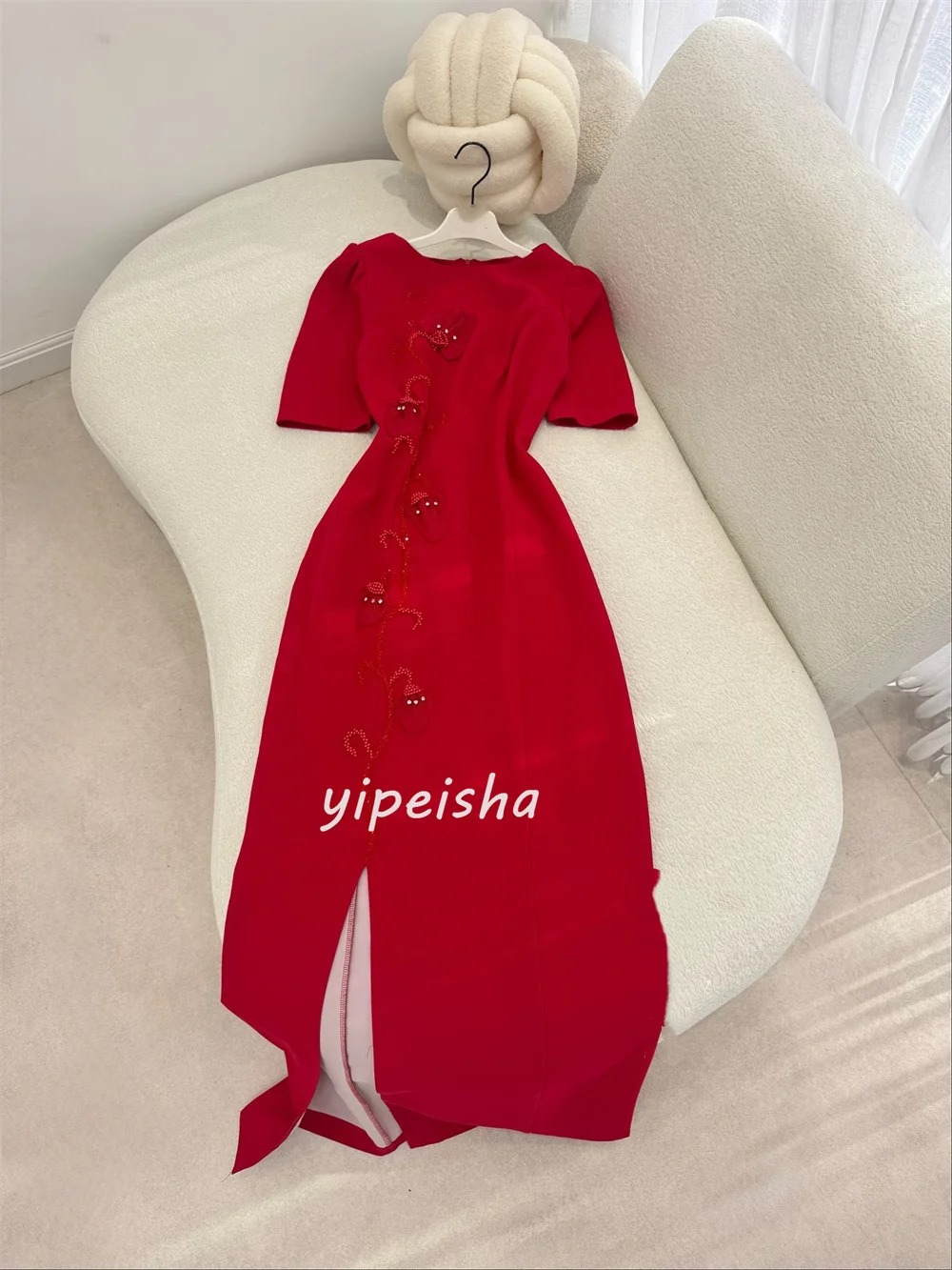 Op maat gemaakte bijpassende klassieke jersey kralen plooi rechte ronde hals lange jurken op maat gemaakte gelegenheidsjurken mode moderne stijl