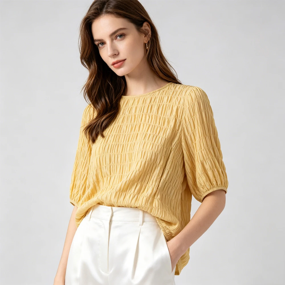 Women's Casual Summer New Texture 93% Natural Mulberry Silk Elastic Shell Crepe Air Feeling Round Neck Short Sleeved T-shirt