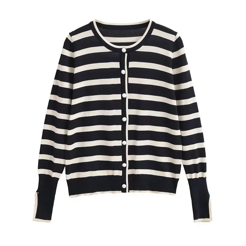 Women 2023 Spring Autumn New Sweaters O-neck Stripe Knitted Cardigan Fashion Long Sleeve Casual Short Tops Korean Style