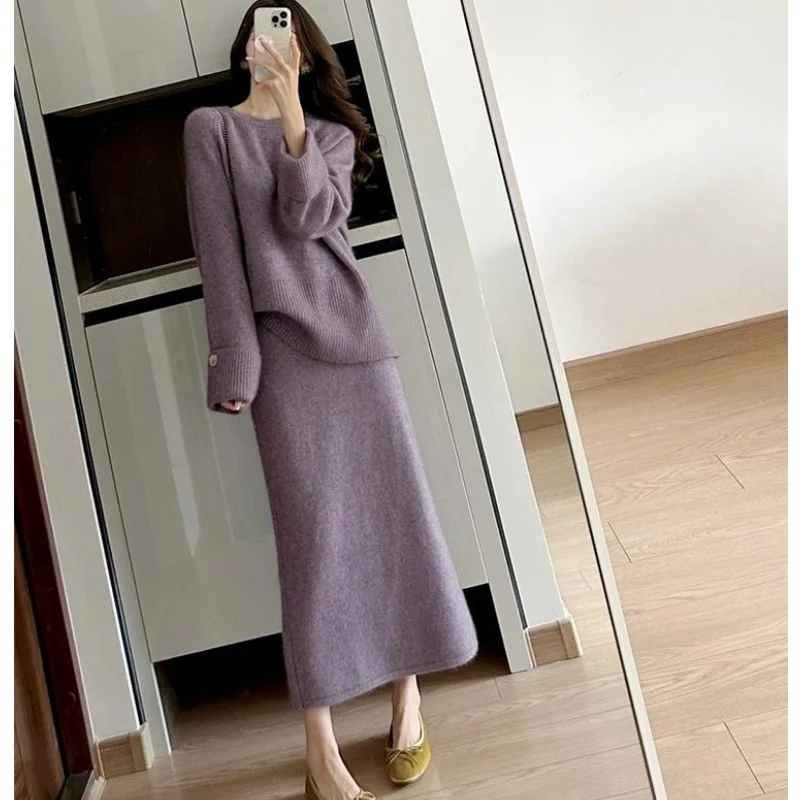 

Женские осенне-зимние свитера, юбки, костюмы из двух предметов, женские корейские шикарные вязаные пуловеры, топы, юбки, комплект фиолетового трикотажа, наряды 2025