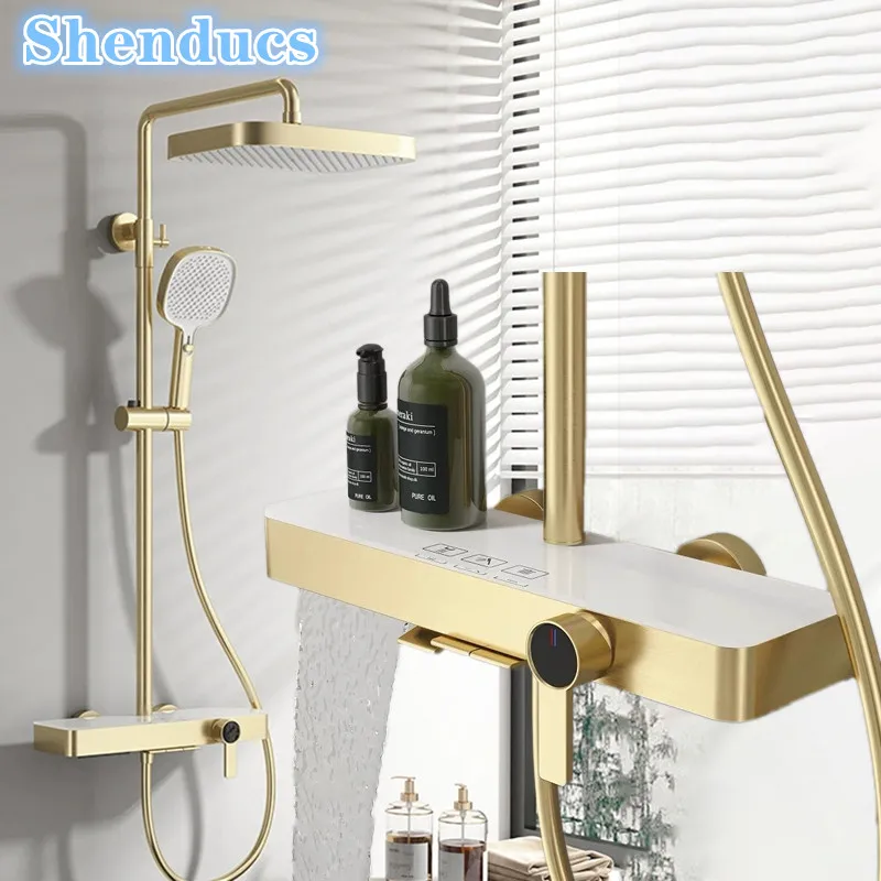 Brushed Gold Hot Cold Bathroom Shower Set 12 Inch Rain Shower Head Brass Bathroom Faucet Rose Gold Piano Bathroom Shower System