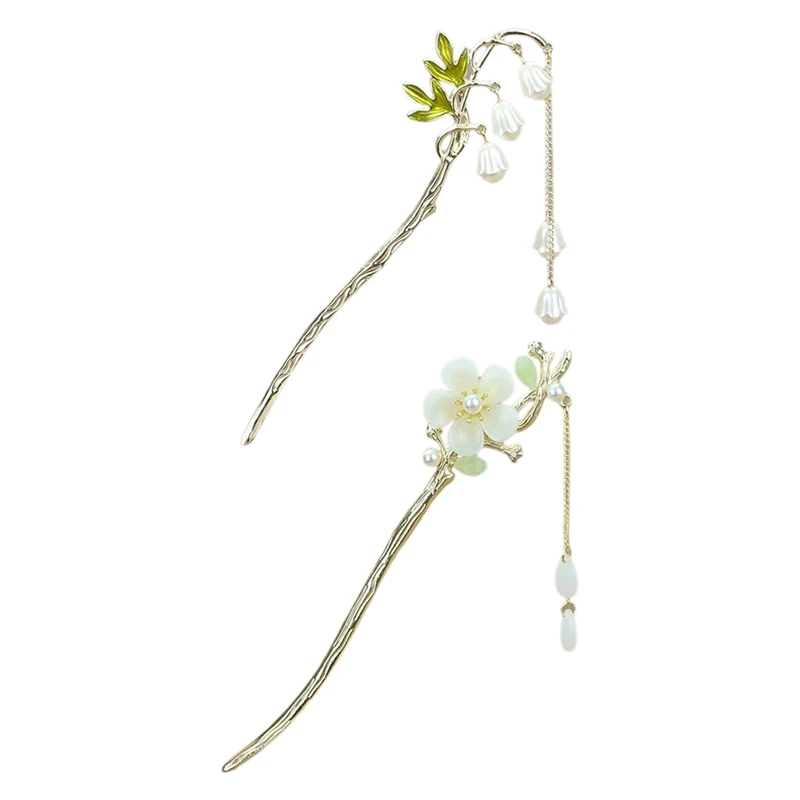 Lily Of The Valley Chinese Hair Sticks For Buns,Pearl Flower Vintage Hair Chopsticks Dangle Tassel Hair Accessories,2Pcs