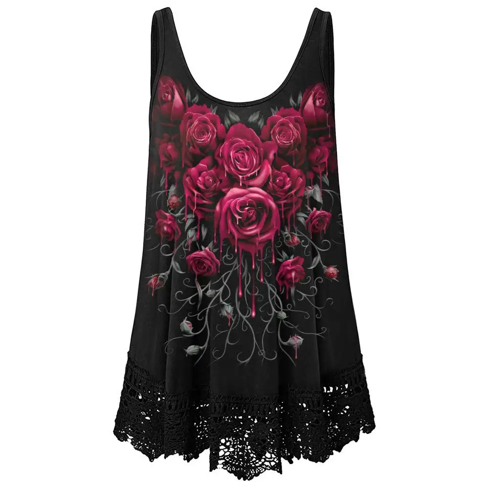 Plus Size L-5XL Tops Women Vest Dark Rose Printed Lace Stitching Loose Camisole Summer New Casual Sleeveless Gothic Tank Female