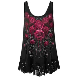 Plus Size L-5XL Tops Women Vest Dark Rose Printed Lace Stitching Loose Camisole Summer New Casual Sleeveless Gothic Tank Female