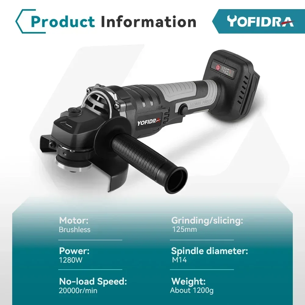 YOFIDRA 125mm Brushless Angle Grinder 3 Gears Cordless Efficient Wood Cutting Polishing Power Tool  For Makita 18V Battery