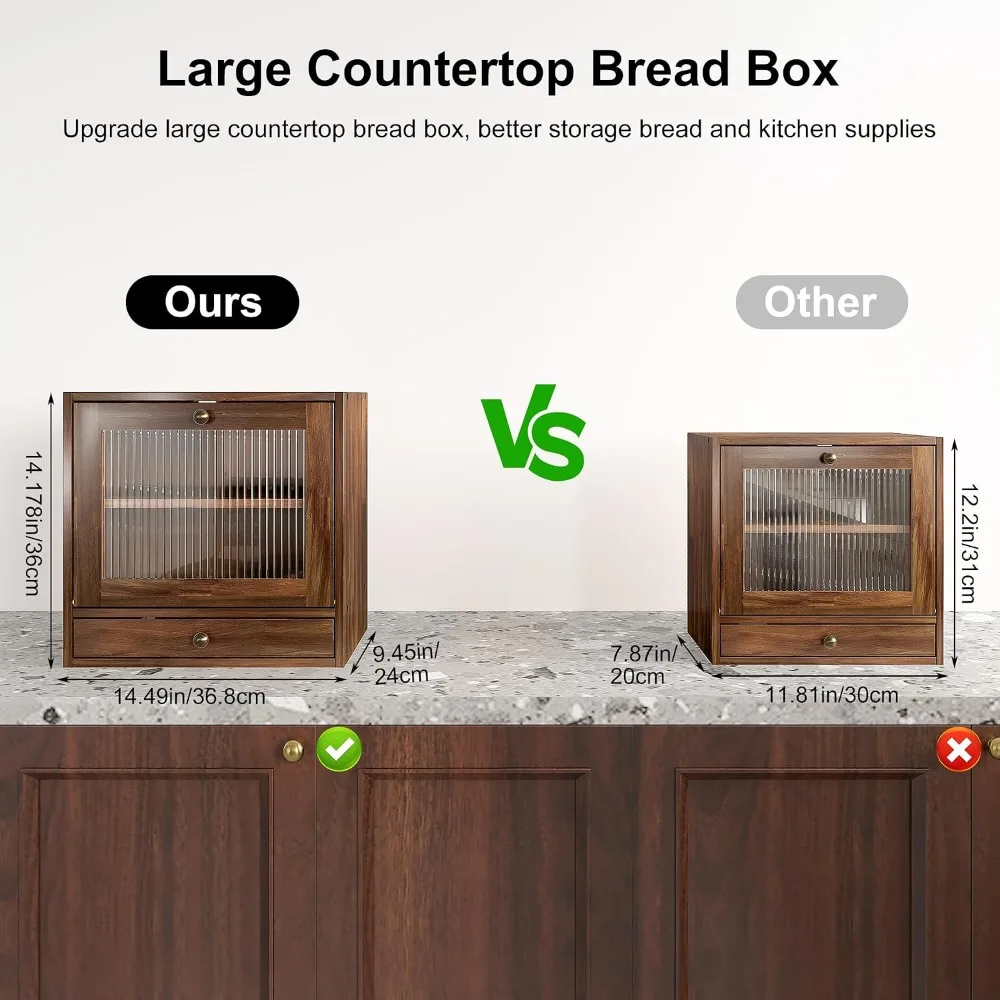 Large Capacity Wooden Bread Box for Kitchen Countertop with Ventilation Holes, Adjustable Shelf, Vintage Farmhouse Design, Keeps Bread Fresh Longer, Retro Brown - view 3