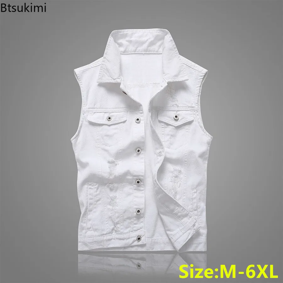 2024 New Men's White Denim Vest Vintage Sleeveless Casual Pure Cotton Vest Jackets Washed Jeans Waistcoats Male Trend Streetwear