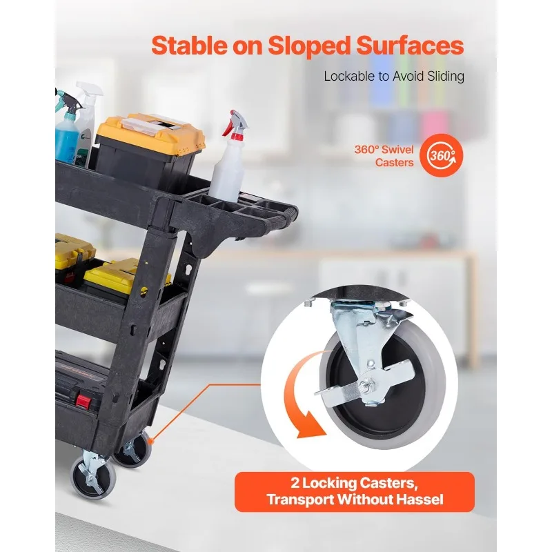 VEVOR Utility Cart, 3-Tier Plastic Service Cart with 550LBS Capacity, 360° Swivel Casters (Including 2 Locking Wheels)
