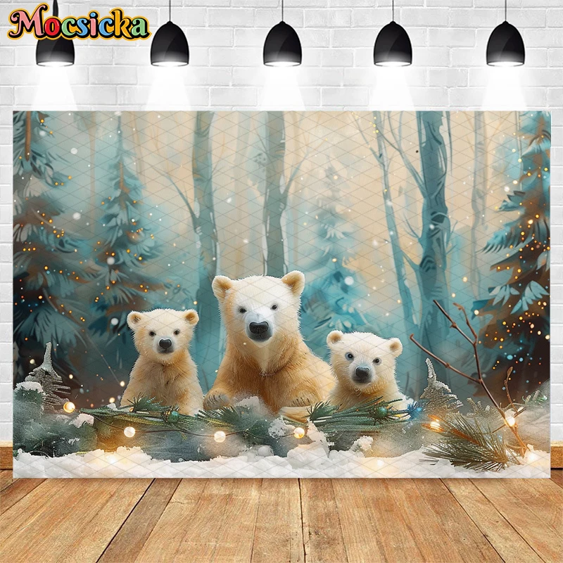 Mocsicka Winter Forest Photography Backdrops Polar Bear Snowflake Christmas Decor Child Adult Portrait Background Studio