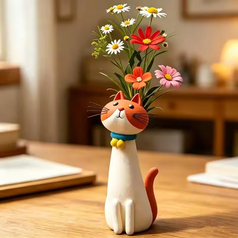 2pcs Cat Shaped Resin Vase Cute Long Necked Cat Flower Arrangement Ornament Home Desktop Floral Decoration Great Gift