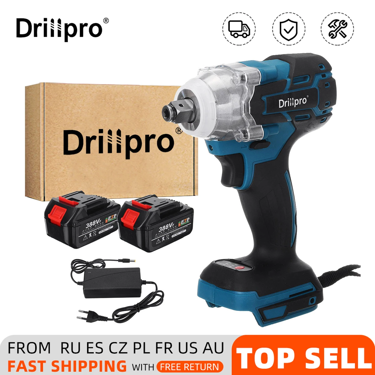 Drillpro 520N.M High Torque Brushless Impact Cordless Electric Wrench 388VF Stepless Speed Screwdriver Power Tool For 18V