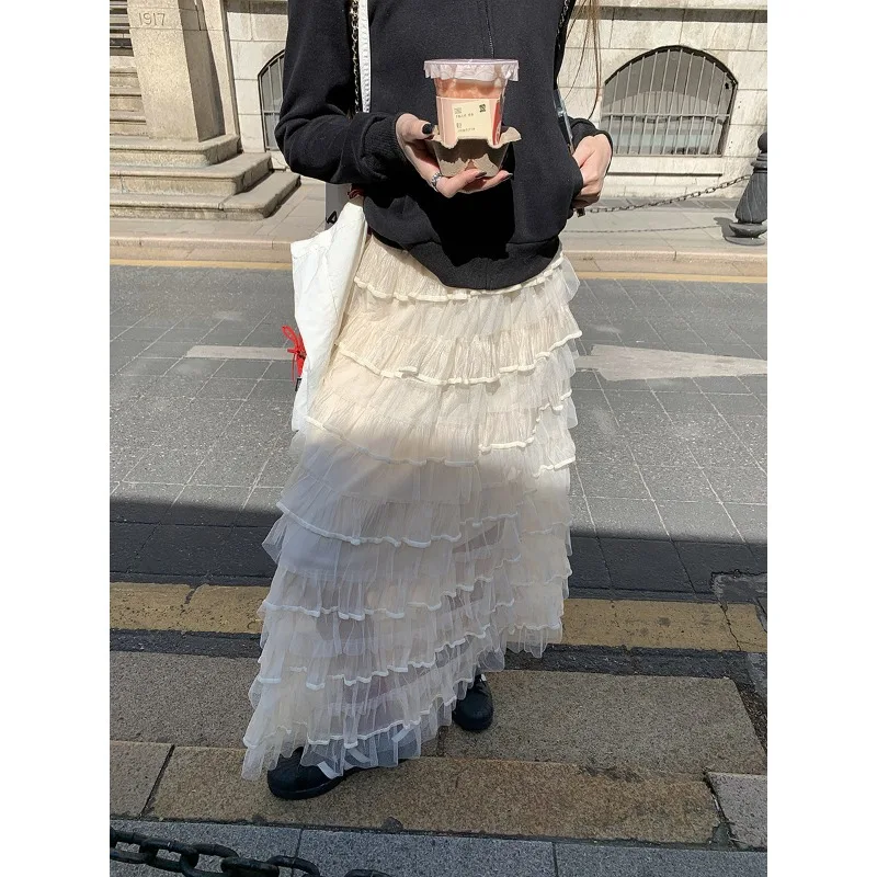 Fashion Early Spring Fairy Women's Cake Skirt Layered Chiffon Splicing High Elastic Waist Sweet Solid Princess A-line Long Dress