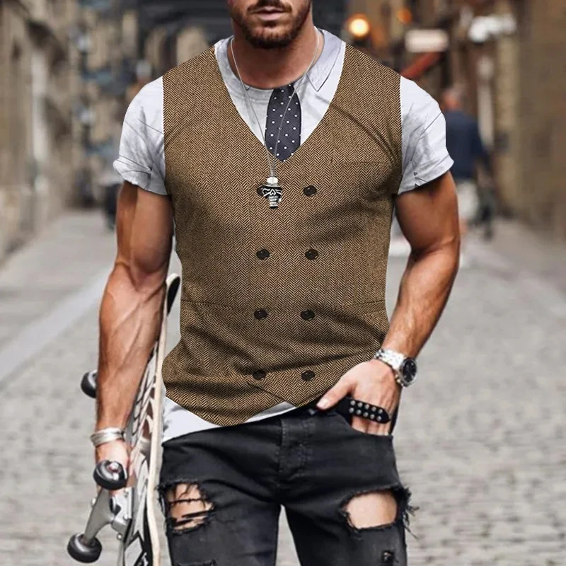 Summer Funny Fake Suit Jacket 3D Print Men's T-shirts Fashion Trendy Casual Streetwear Boy Personalized O Neck Short Sleeve Tops