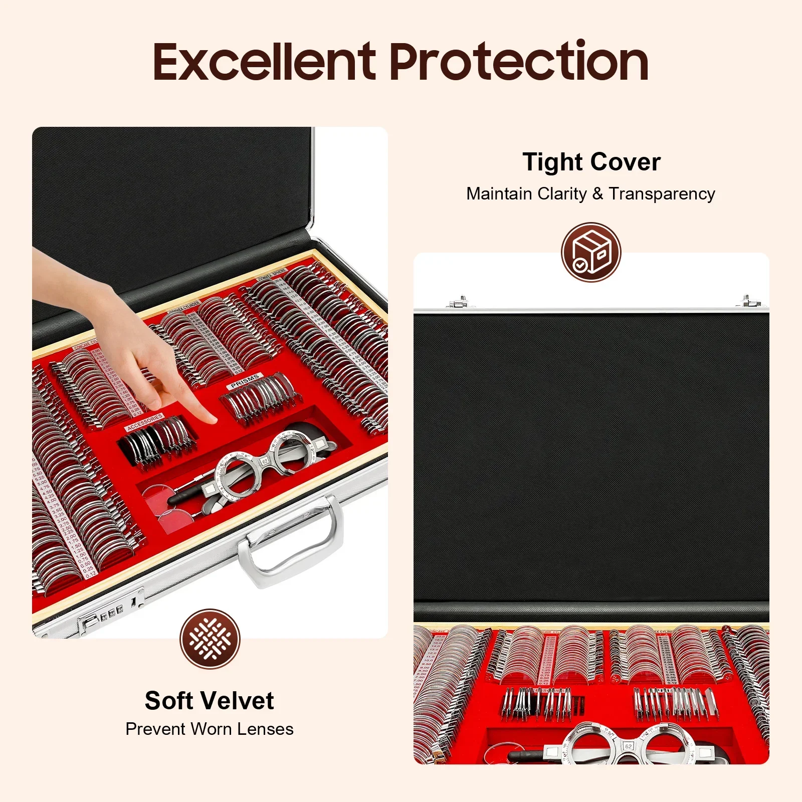 Zestaw soczewek próbnych optycznych, 266 szt. soczewek próbnych, metalowa oprawka do soczewek okulistycznych, z metalową aluminiową walizką + darmowa oprawka próbna