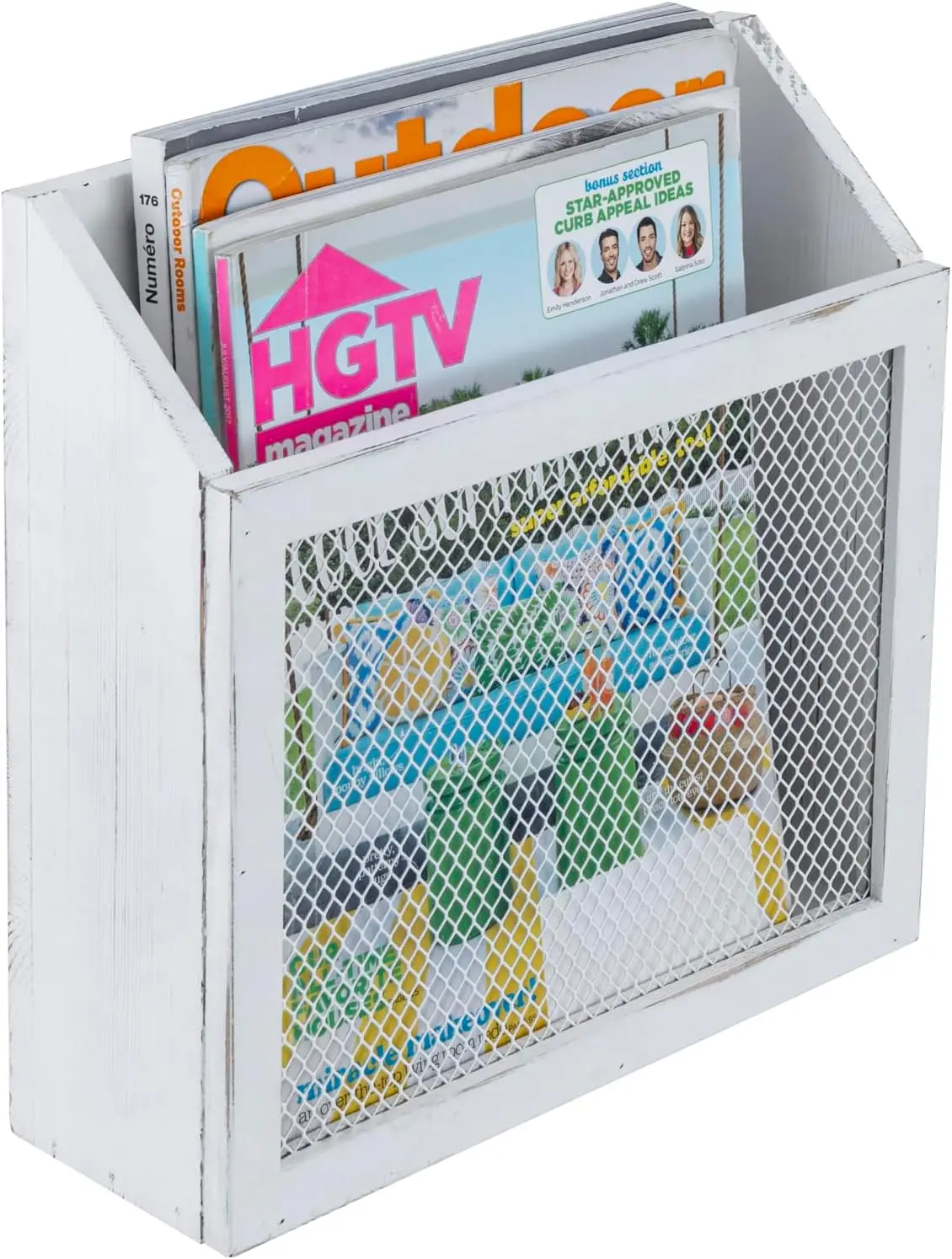 

Rustic Magazine Holder Vintage White Wood Chicken Wire Design Wall Mounted Tabletop Mail Sorter Farmhouse Home Office