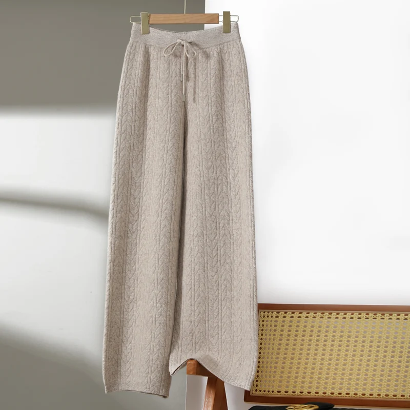 

Women High Waist Wide-Leg Pants 100% Merino Wool Diamond Jacquard Autumn Winter Thick Classic Fashion Trousers Knitwear Pants