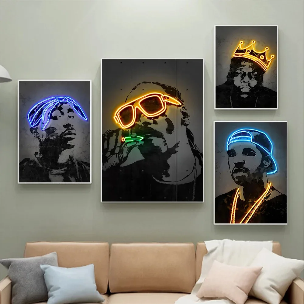 Fashion Pop Hiphop Rapper Neon Style Wall Art Poster Kanye Home Room Collection Decoration Painting Mural Picture Print Artwork