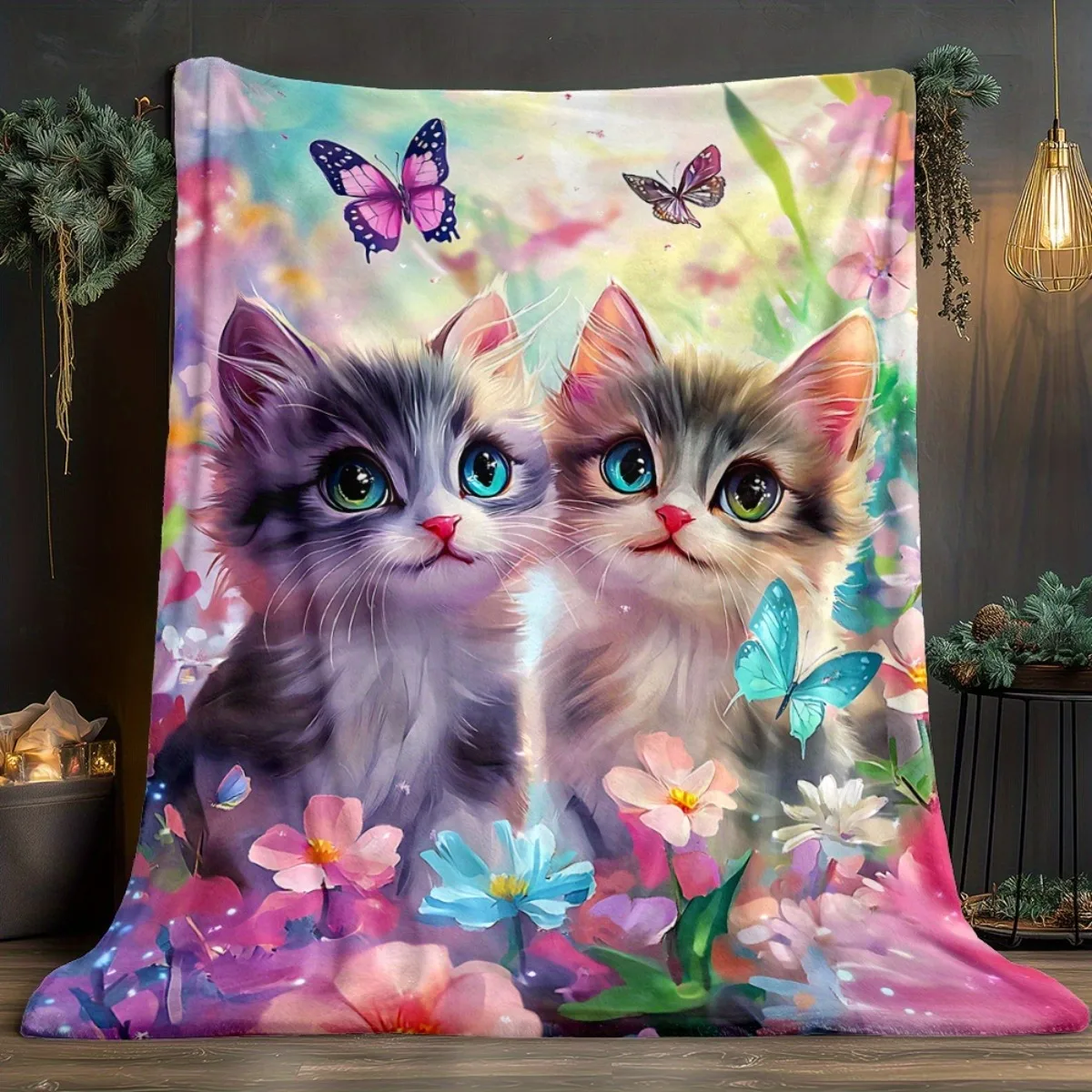 Printed Cute Kitten Fleece Blanket Butterfly Flower Pattern Soft Warm Flannel Throw Blankets for Bed Sofa Home Decor Living