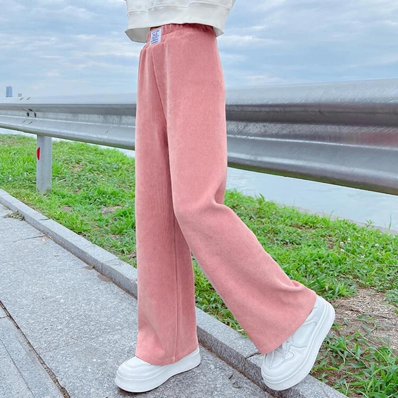 Girls Pants Spring Autumn Casual Loose Black Pink Color Kids Wide Leg Pants School Teenage Children Trousers 6 8 10 12 14 Years