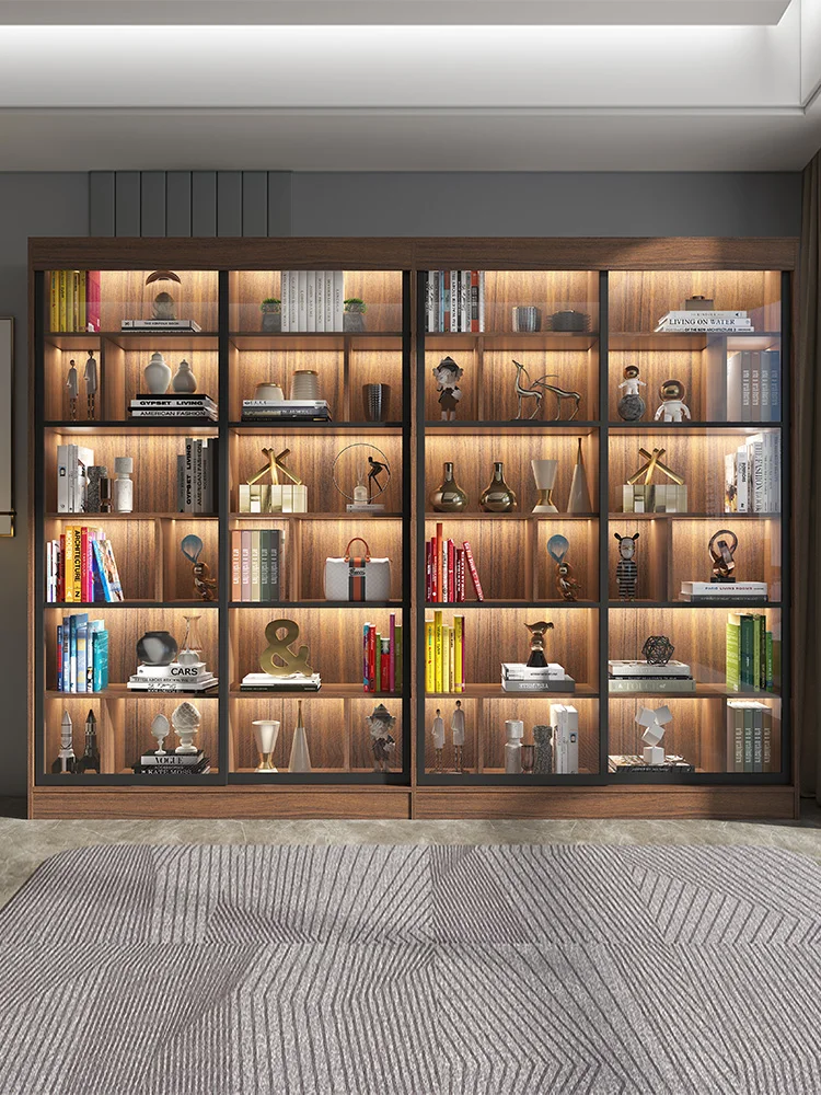 

Sliding Door Bookcase Bookshelf Glass Door Simple Modern Bookcase Integrated Wall Storage Assembled Cabinet