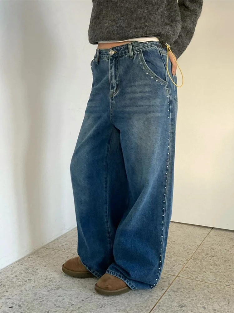 Sli Retro Heavy Metal Colion Nail Slim Straight Casual Jeans High Waist Commute Sle Embellied with Beads All Seasons