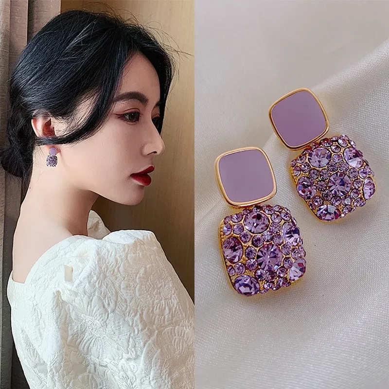 925 Silver Needle Korean Fashion Purple Crystal Earrings For Women Jewelry 2024 Trending New Luxury Zircon Square Drop Earrings