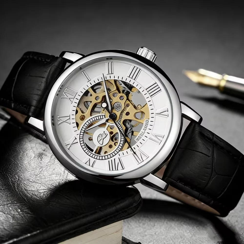 

Механические часы с ручным ветровым механизмом, мужские модные наручные часы со скелетом и кожаным ремешком, мужские часы Relogio Masculino, Прямая доставка