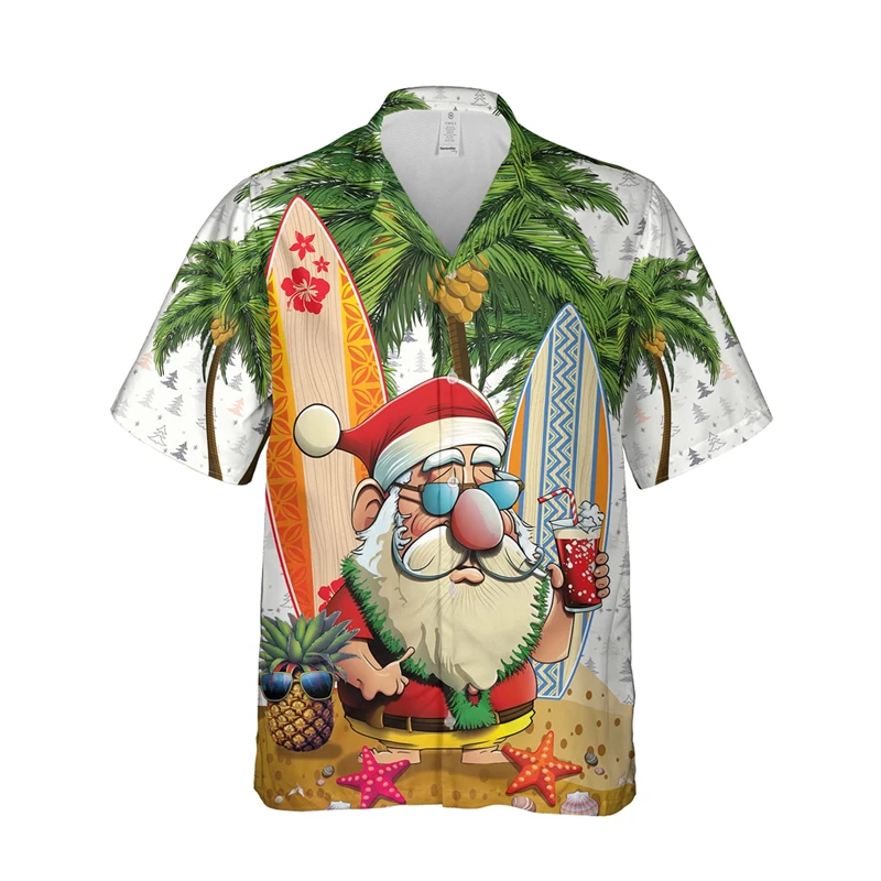 2025 New Santa Claus Surfing 3D Printed Beach Shirt Funny Xmas Design Button Clothing Christmas Unisex Short Sleeve Gift Tops