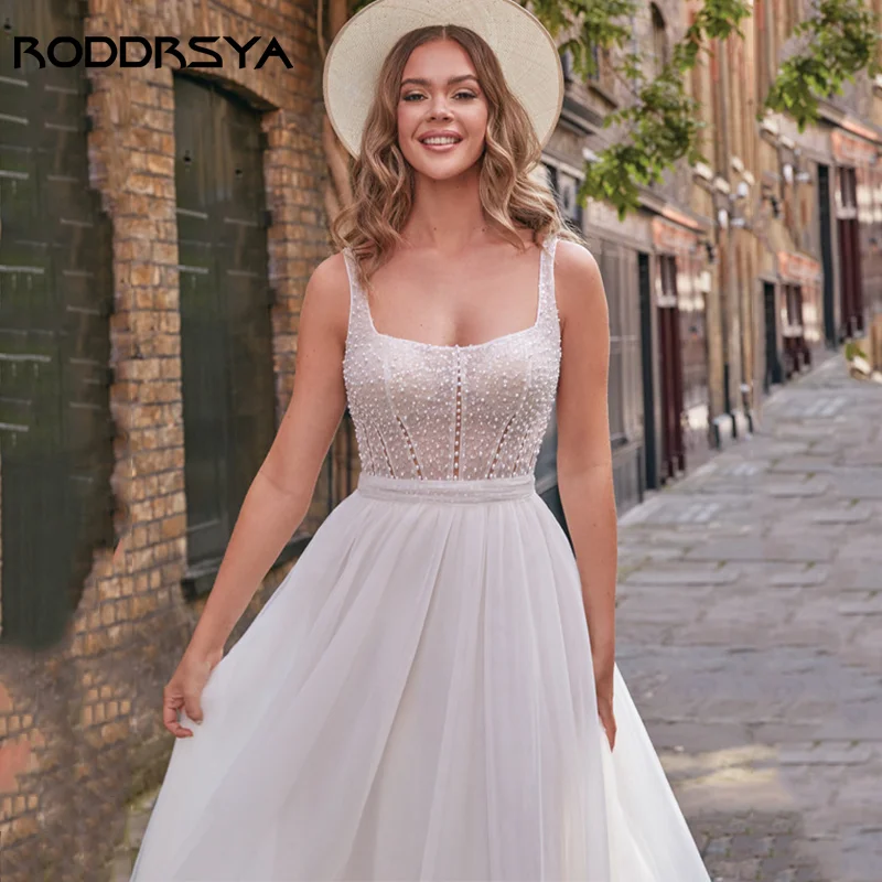 RODDRSYA-Vestido De Novia De tul con cuello cuadrado, traje Sexy con abertura alta, Espalda descubierta, sin mangas, hecho a medida Cuello Cuadrado Tul Vestido De Novia Sexy Alto Escote Vestido De Novia Sin Espalda Ves