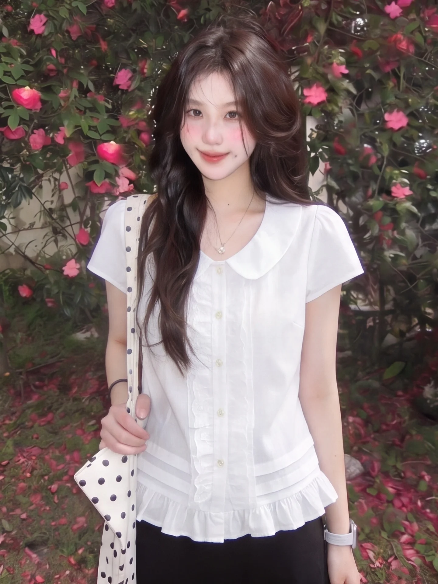 

Cute Style Ruffle Lace Splice Doll Collar Short Sleeve Women's Summer Shirt Super Beautiful Wood Ear Skirt Length Top