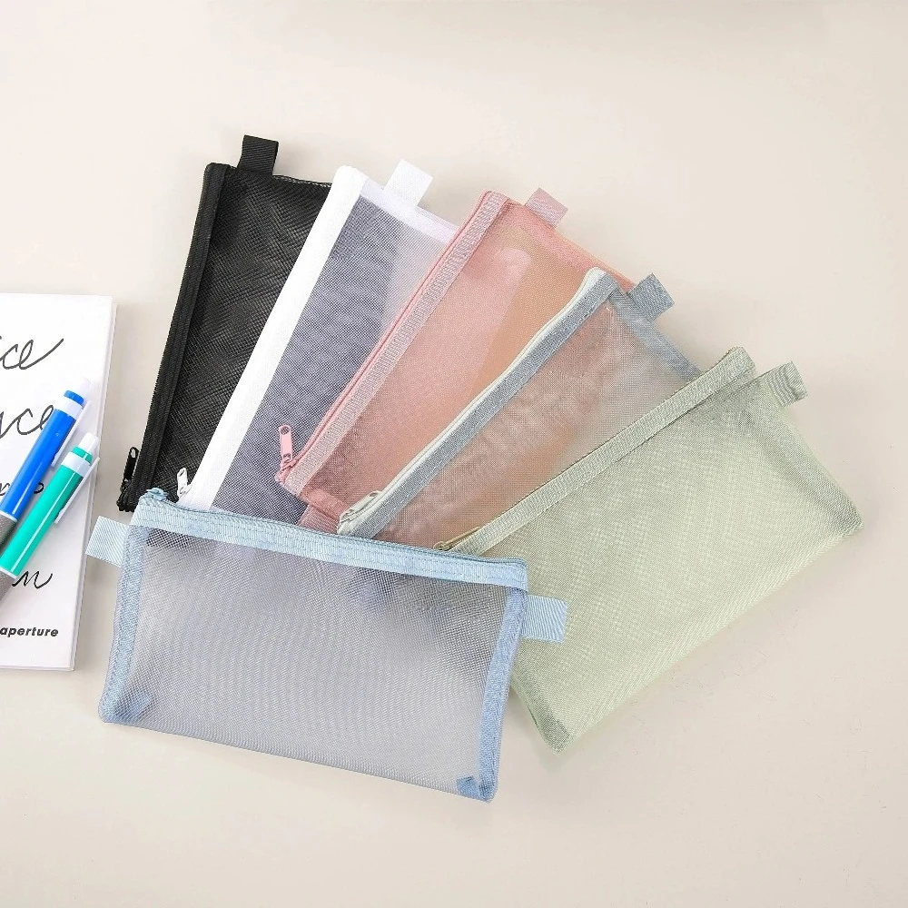 1pc Morandi Tone Mesh Pencil Case Clear Zipper Pouch Multifunctional Stationery Accessories Storage Bag