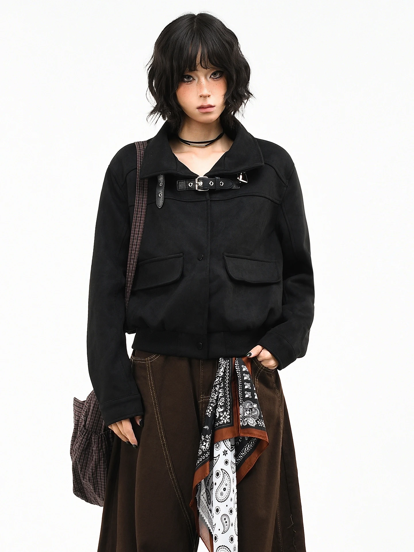 

OV Original American Sle Suede Stand Collar Jaet Women's Loose ort Motorcycle Vintage Coat Top Windproof Polyester