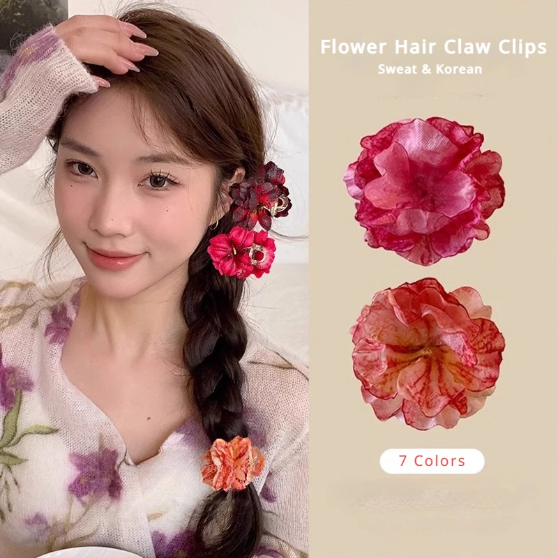 Korean Simulation Dried Flower Rose Small Hair Claw Clips for Women Girls Vintage Shark Barrette Clamp Summer Accessories Gift