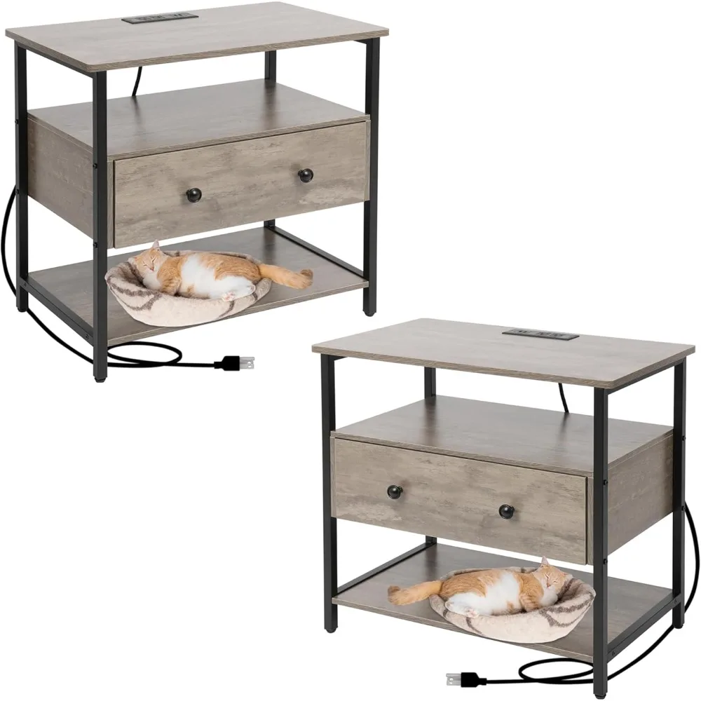 27 inch Wide Nightstand Set of 2,Side Table with One Wooden Drawer,Nightstand with Charging Station,End Table Bedside Table with