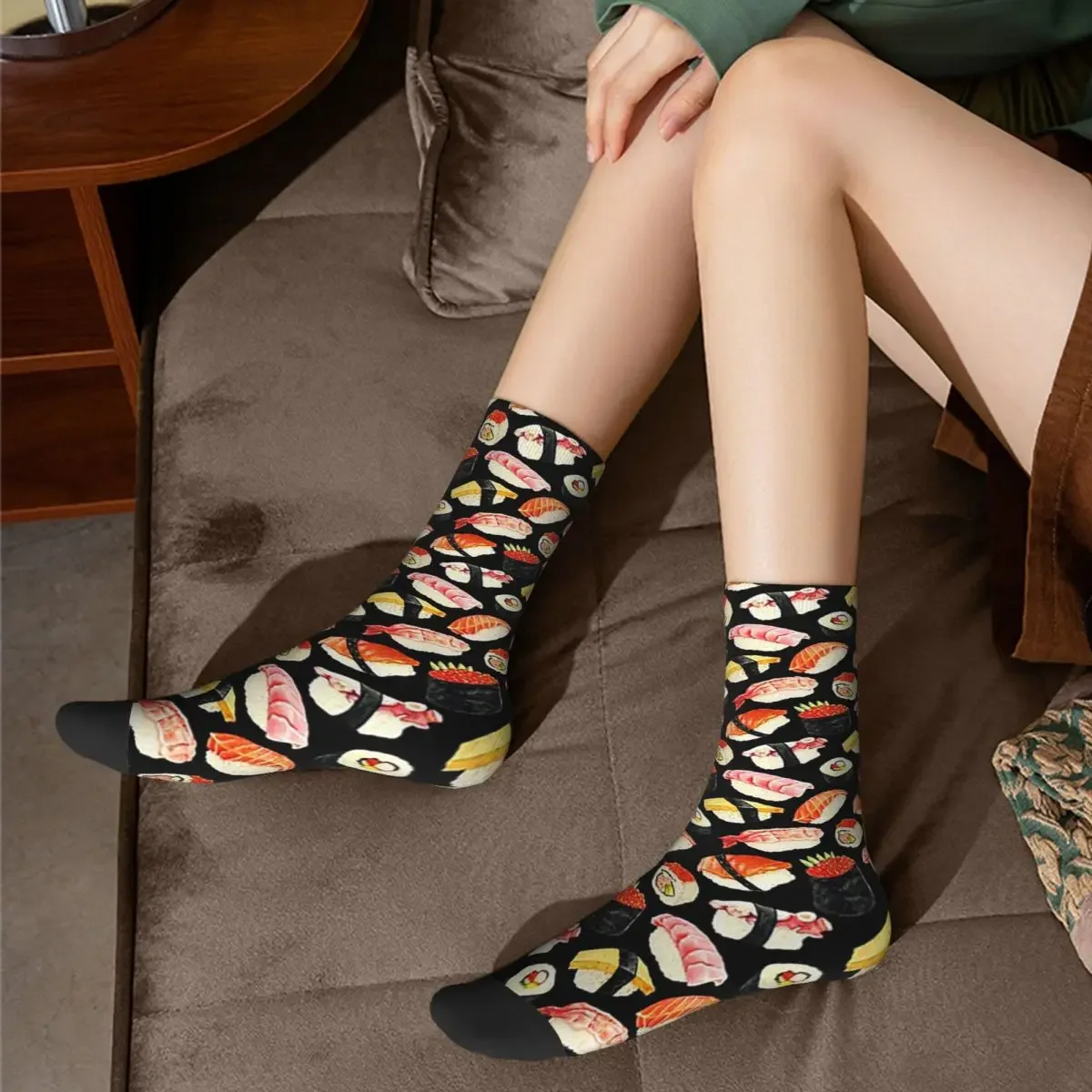 Sushi Pattern - Black Socks Harajuku High Quality Stockings All Season Long Socks Accessories for Man's Woman's Christmas Gifts