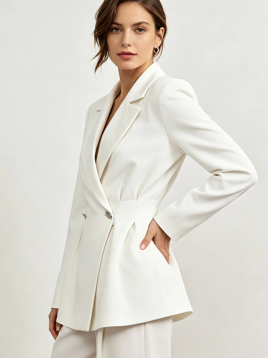 LIMO Lapel Blazer Jacket  Metal Buckle Waist Pleated Slim Tailored Long Sleeve Women Elegant Office Commuter  Coat