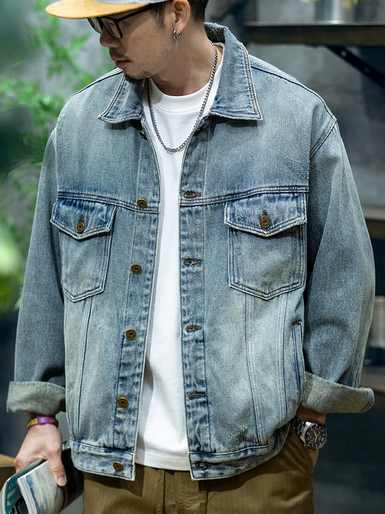 Chaqueta vaquera retro americana para hombre, estilo informal, de algodón puro, para primavera y otoño, talla grande, estilo ...