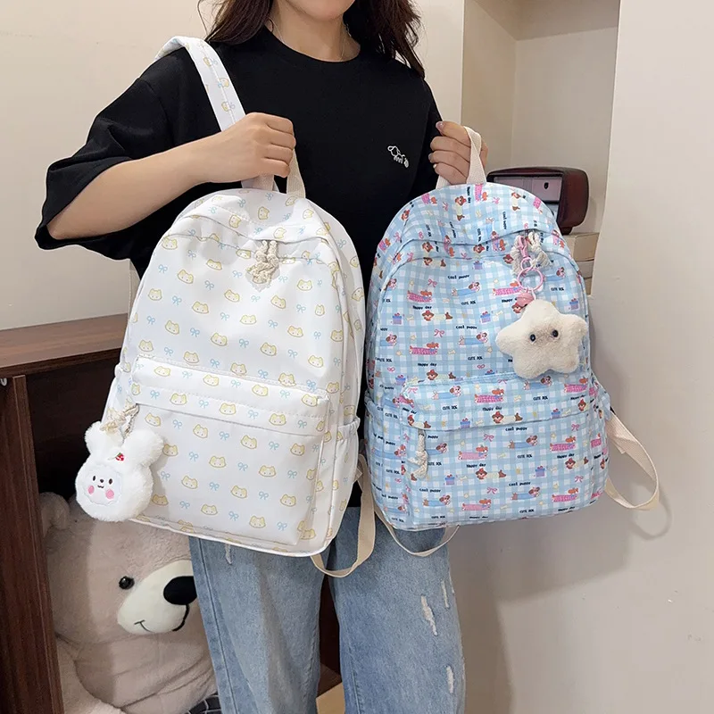 Cute Cat Print Backpack for Girls Water‑resistant Large‑capacity Lightweight Schoolbag With Plush Star Pendant Daily Rucksack